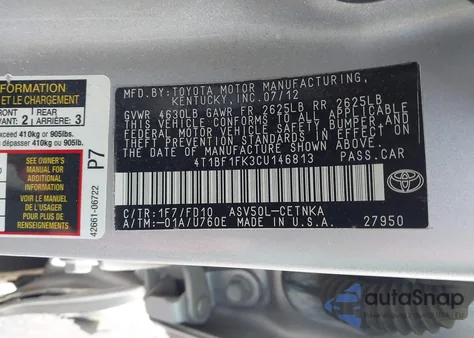 2012 Toyota Camry Le from USA, damaged, VIN 4T1BF1FK3CU146813